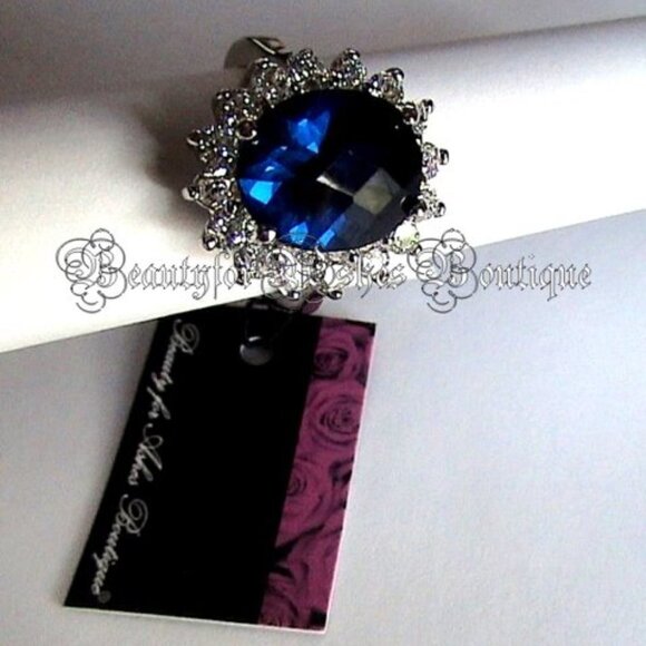 Brass Princess Diana Kate Checker Cut Sapphire Blue Cz Oval Wedding Ring Size 6 - Picture 1 of 6